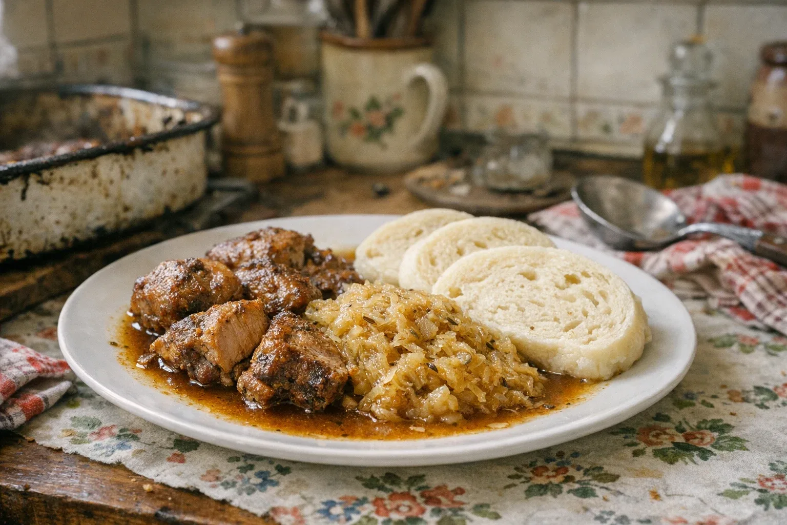 Friptură de porc cu varză călită și găluște la abur