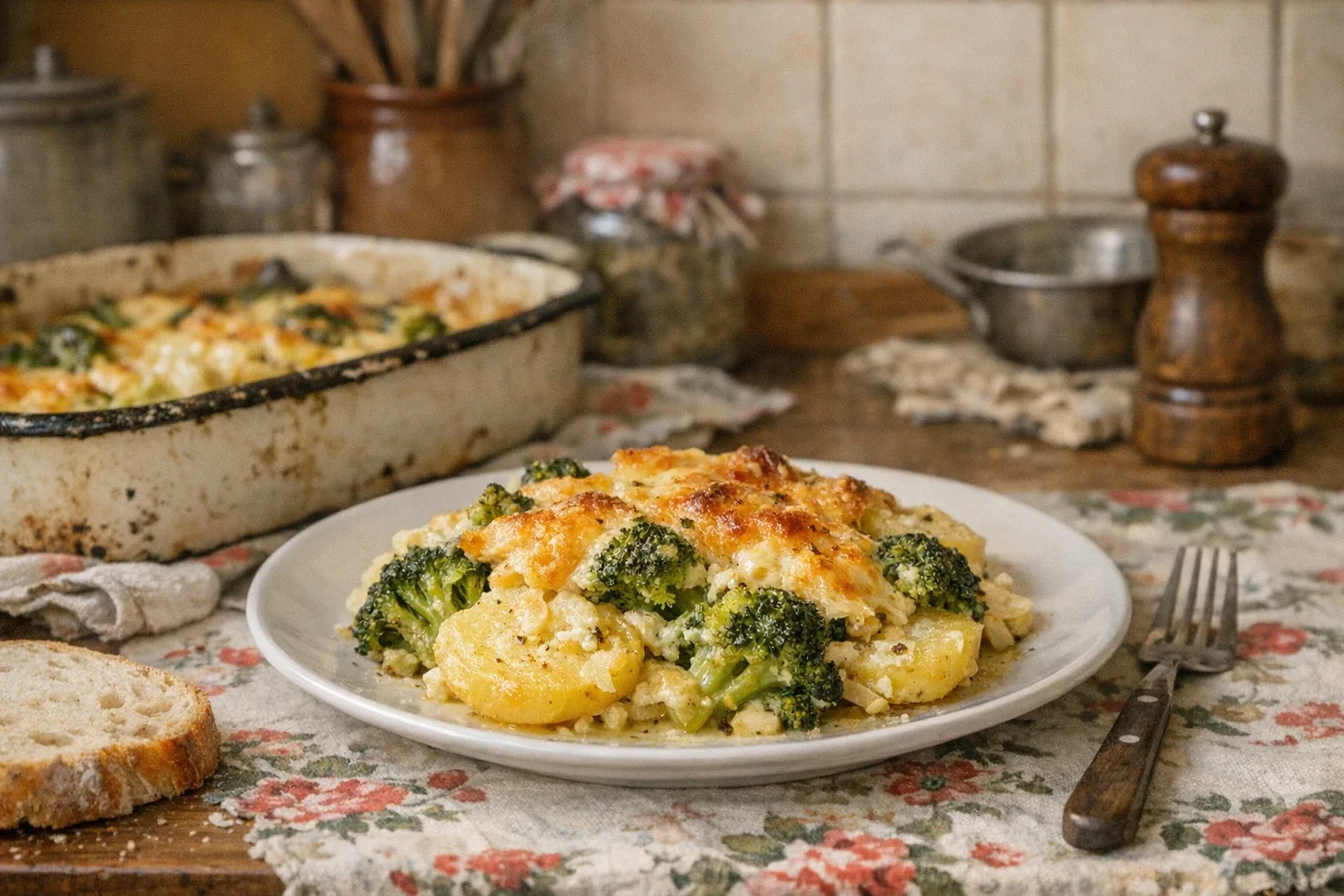 Broccoli gratinat cu cartofi și brânză