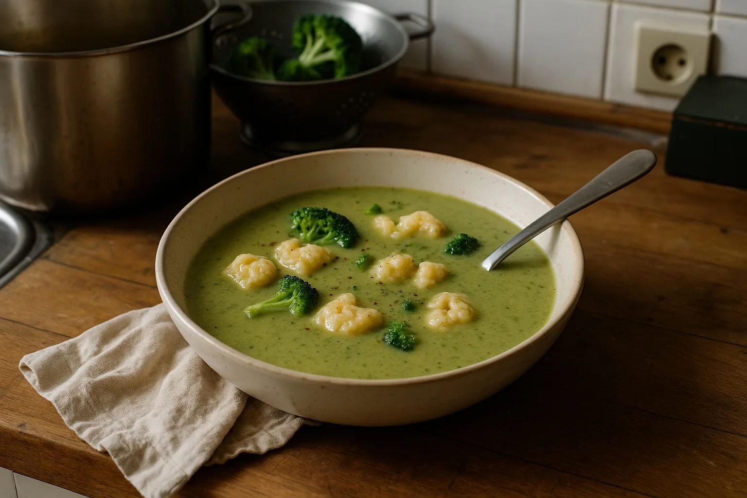 Supă cremă de broccoli cu găluște cu brânză