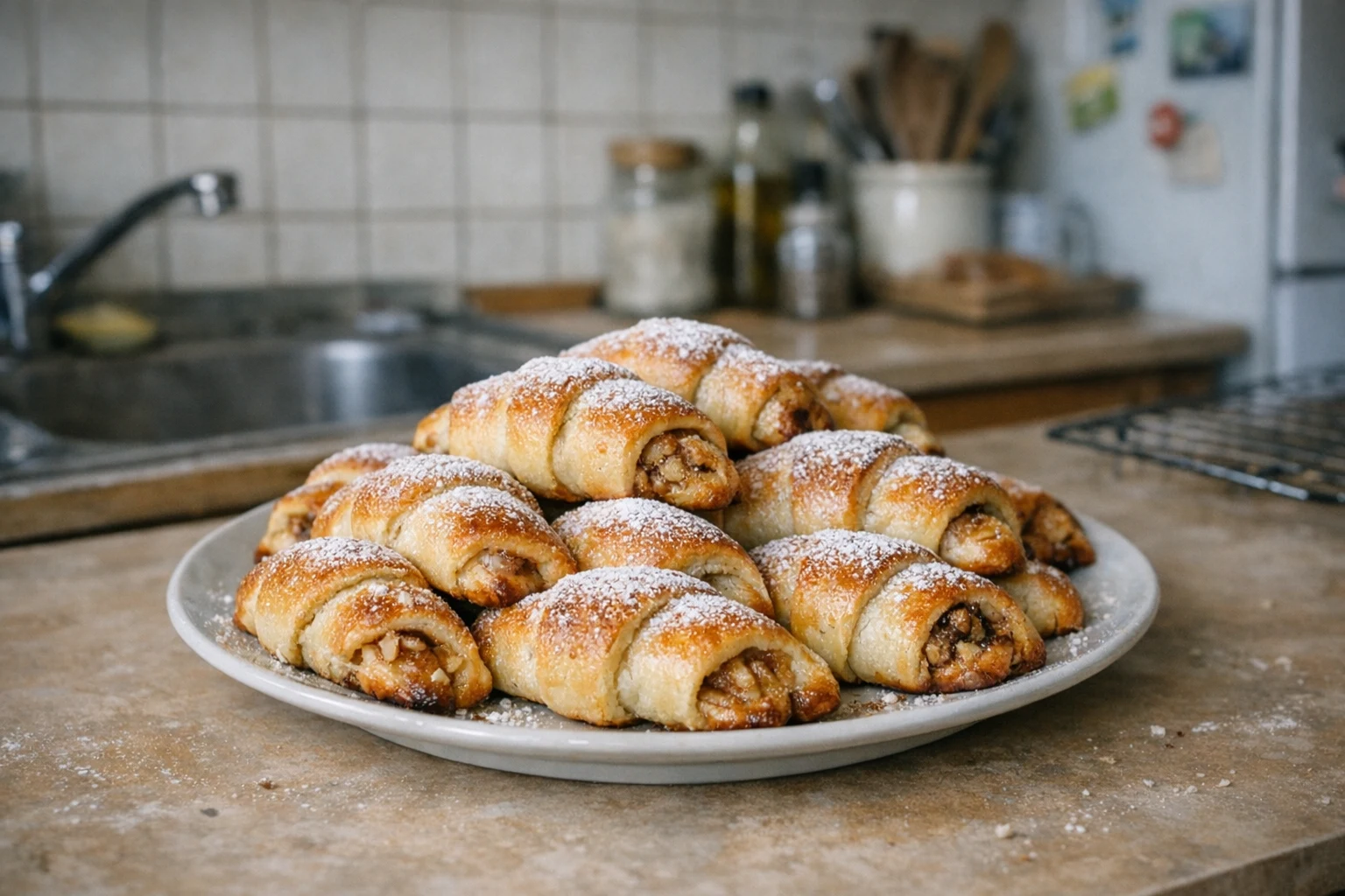 Cornulețe fragede la cană, cu umplutură de mere și nucă