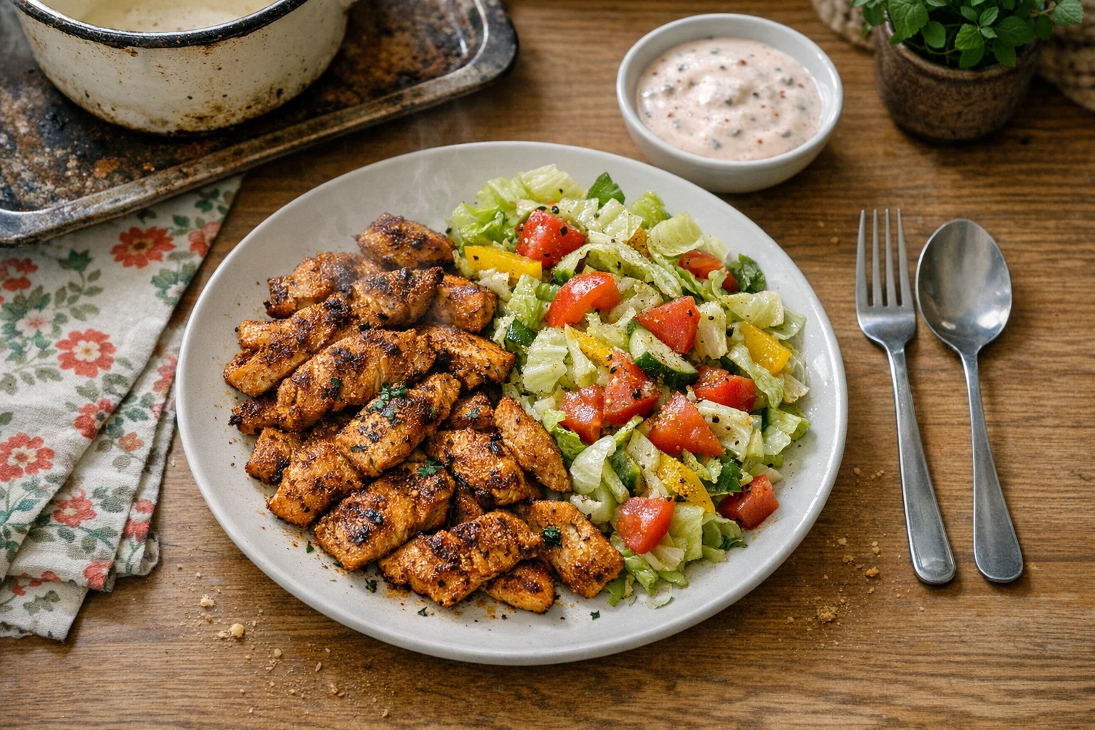 Piept de pui cu condimente pentru gyros, salată de legume și dressing de iaurt
