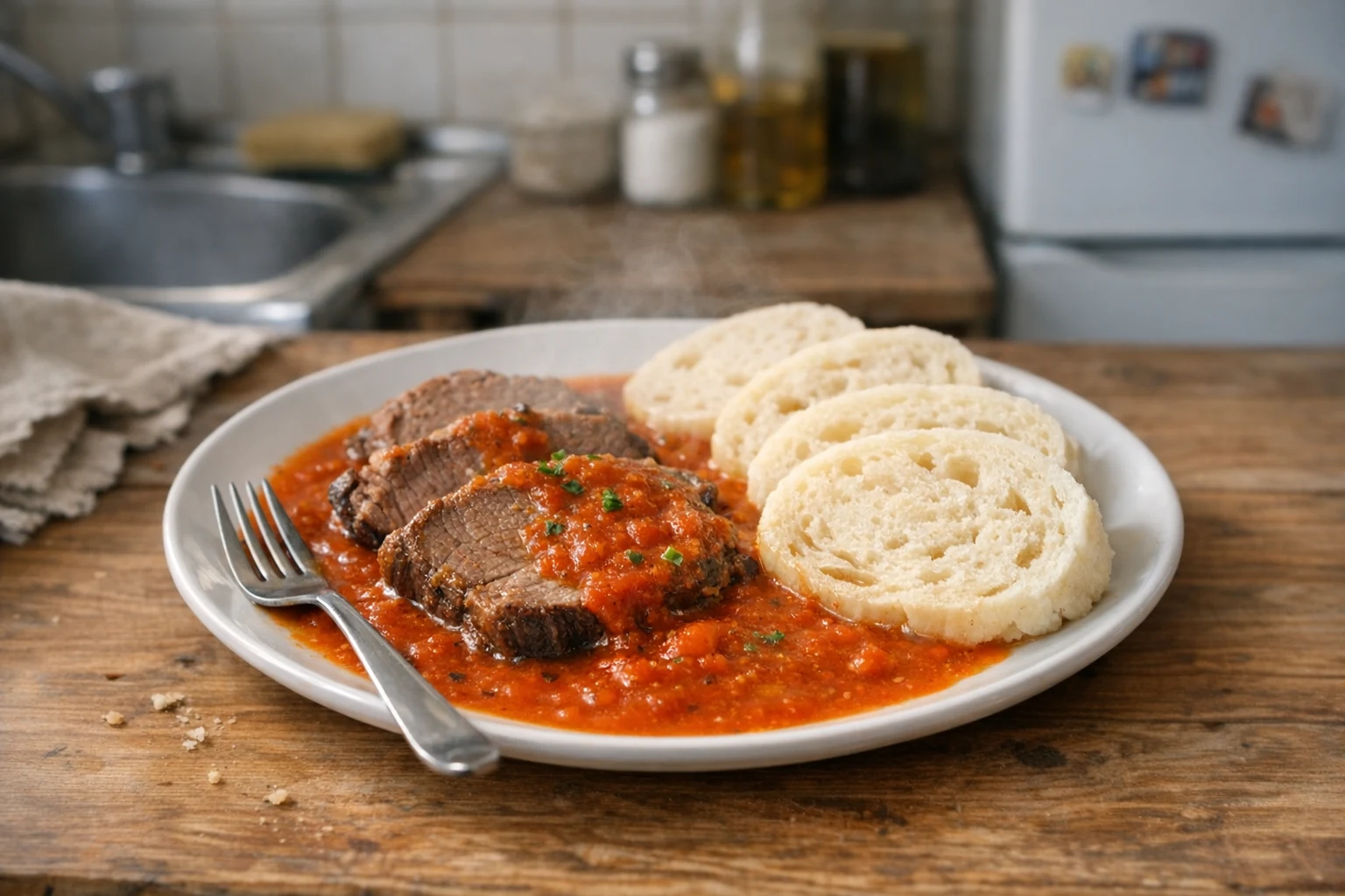 Carne de vită cu sos de roșii și găluște knedlíky