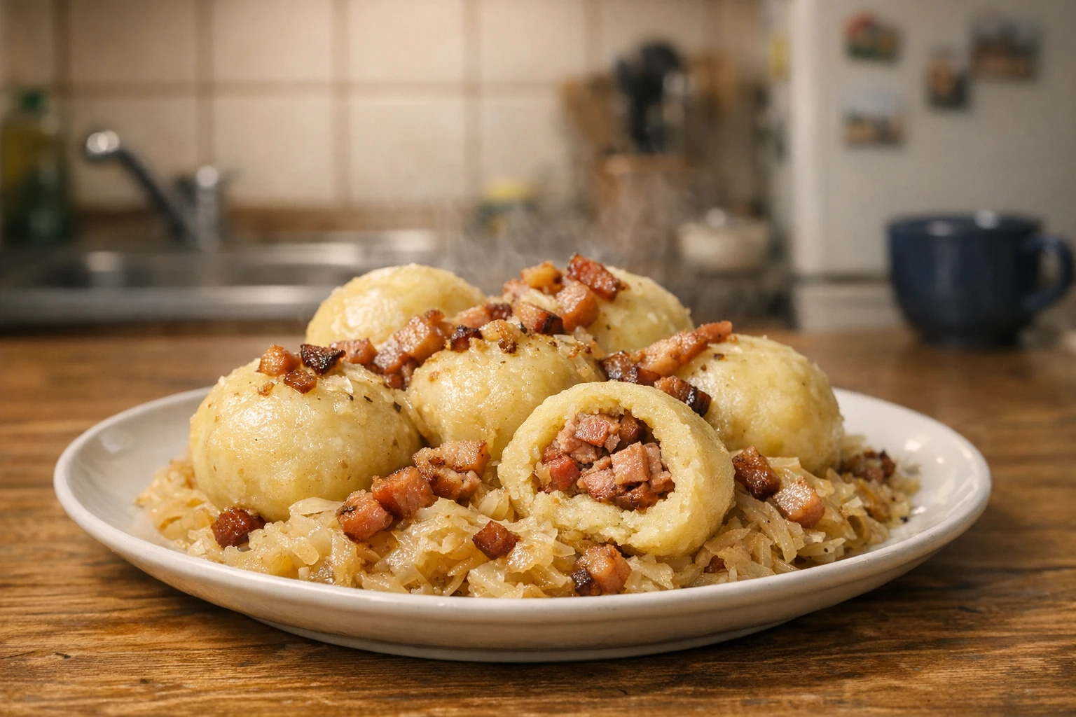 Găluște de cartofi umplute cu carne afumată