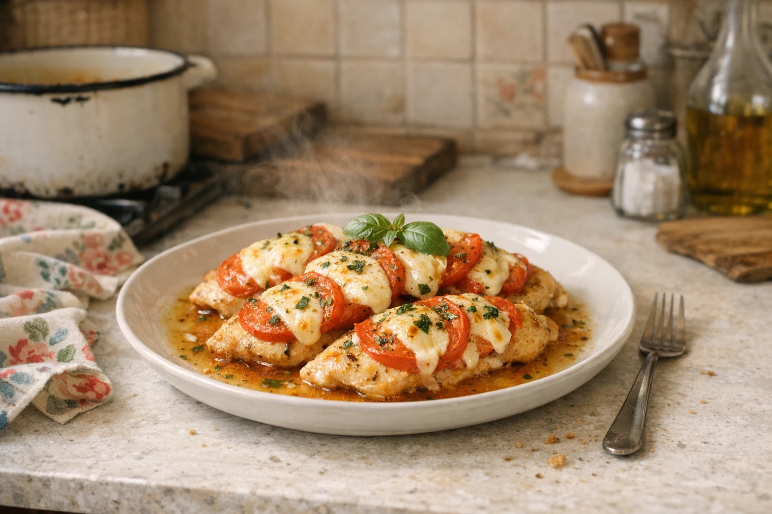 Piept de pui gratinat cu roșie și mozzarella