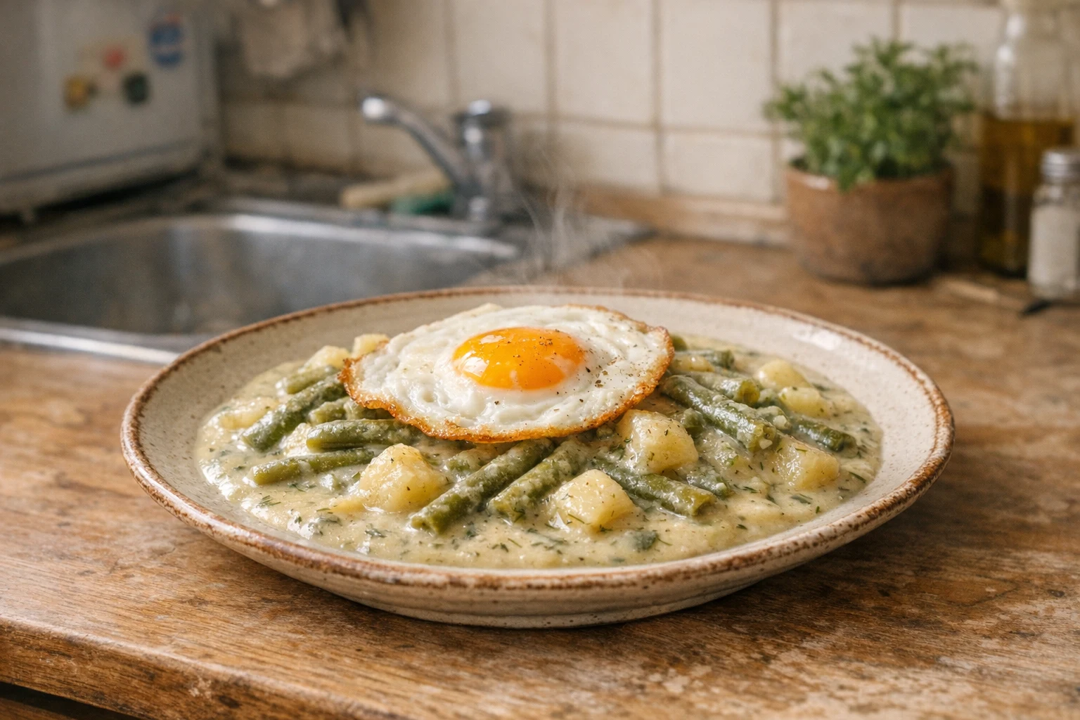 Mâncare de fasole verde cu cartofi