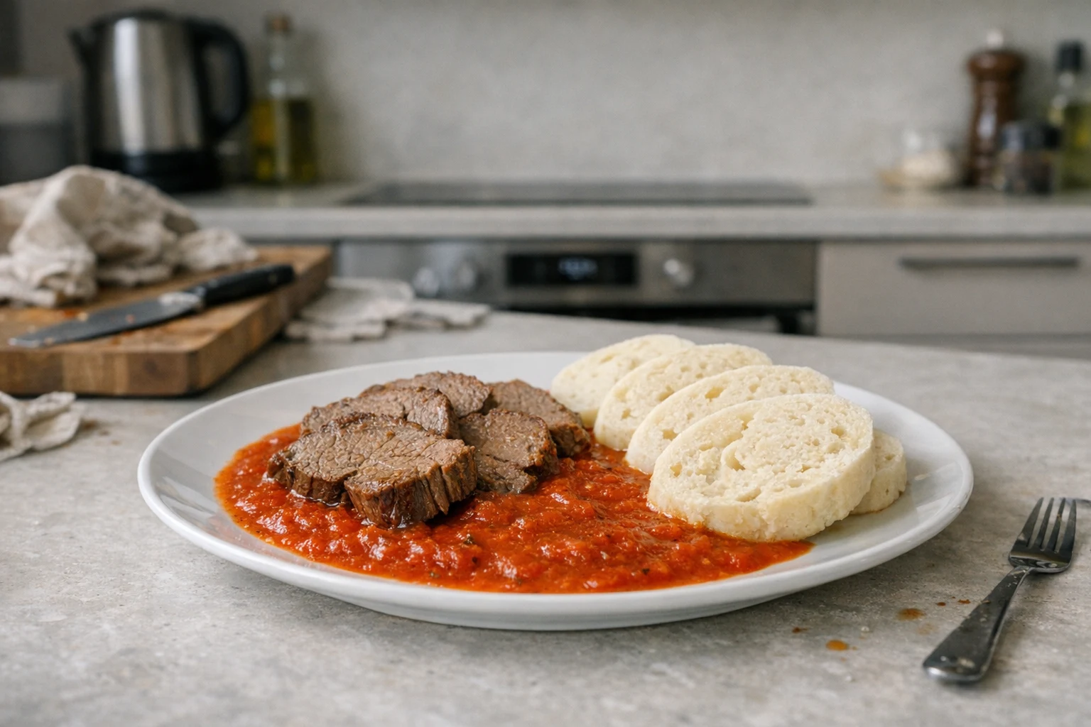 Carne de vită cu sos de roșii și găluște la abur